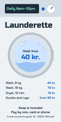 Door poster for a launderette — hours and prices