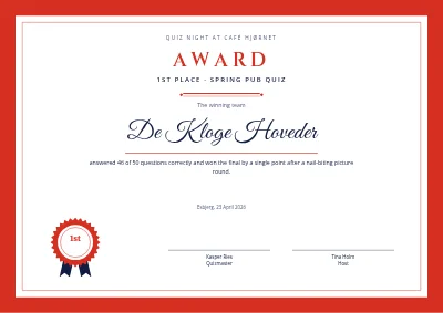 Award certificate — pub quiz