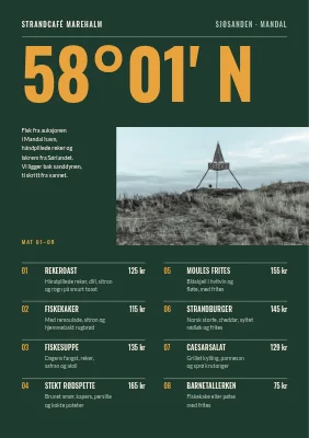 Side 1 av Strandkafé i Skagen — meny