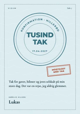 Takkekort til konfirmation — visumstempel