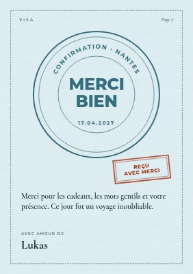 Carte de remerciement de confirmation — tampon de visa