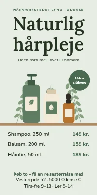 Dørplakat til frisør — naturlige hårprodukter