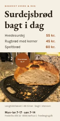 Dørplakat til bageri — surdejsbrød bagt i dag