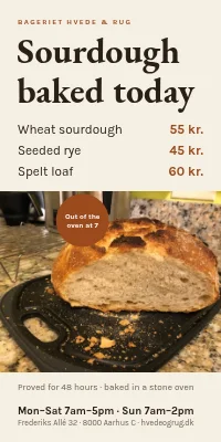 Door poster for a bakery — sourdough baked today