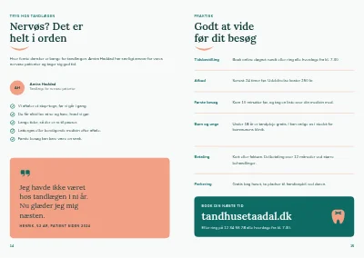 Side 14–15 af Informationsbrochure for tandklinik – 16 sider