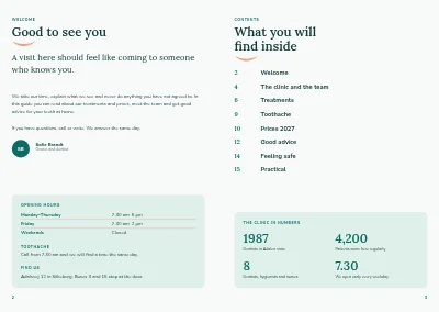 Pages 2–3 of Information brochure for a dental clinic – 16 pages