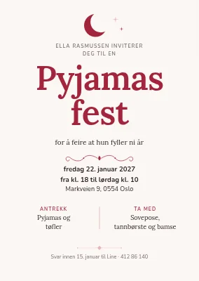 Pyjamasfest — bursdagsinvitasjon til barn