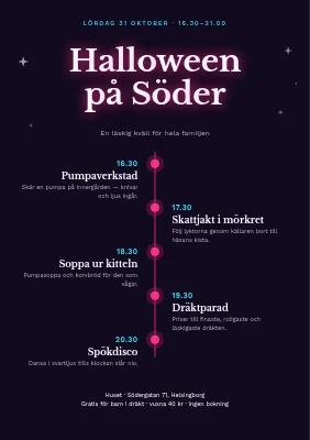 Halloweenfest — kvällens tidslinje