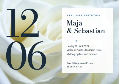 Bryllupsinvitation — hvid rose og dato