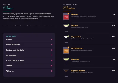Pages 2–3 of Cocktail menu for a bar – 12 pages