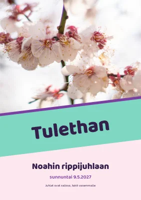 Rippijuhla — pastellinen tervetulokyltti vinolla nauhalla