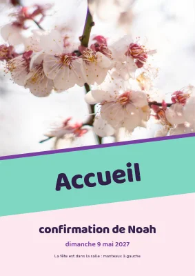 Confirmation — panneau d'accueil pastel avec bandeau incliné