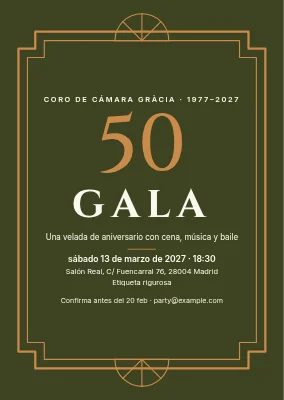Invitación de gala — marco art déco y 50 en cobre
