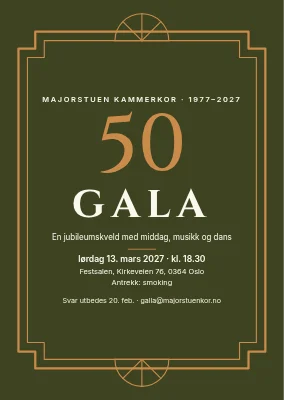Gallainvitasjon — art deco-ramme og kobberfarget 50