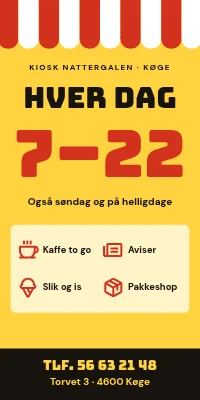 Dørplakat til kiosk — åben alle dage 7–22