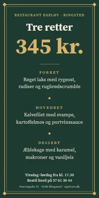 Dørplakat til restaurant — tre retter 345 kr.