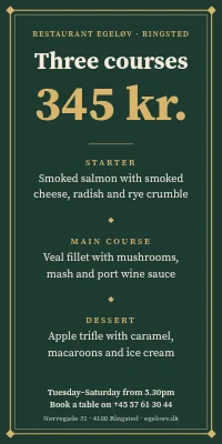 Door poster for a restaurant — three courses 345 kr.