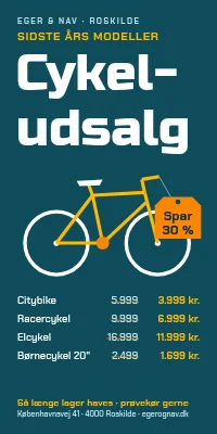 Dørplakat til cykelhandler — sidste års cykler på udsalg