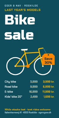 Door poster for a bike shop — last year’s bikes on sale