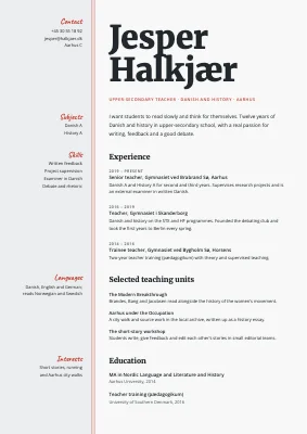Upper-secondary teacher CV — red margin