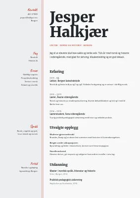 CV for lærer i videregående skole — rød marg